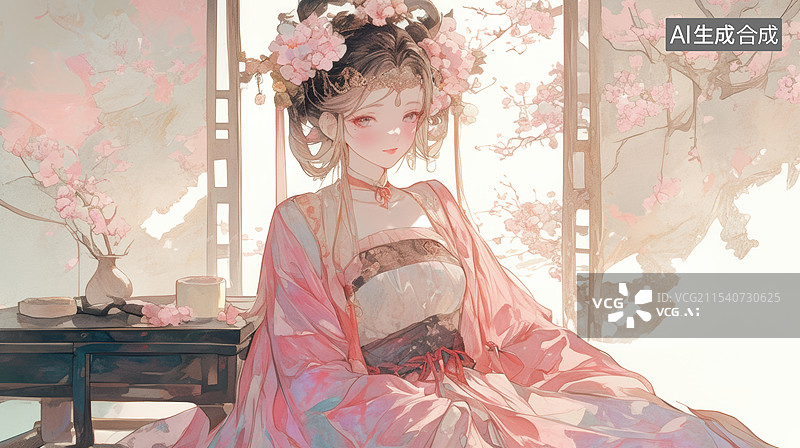 【AI数字艺术】一位身穿传统服饰的女性，背景是盛开的樱花。她的服装精致典雅，头上戴着华丽的花饰，整体画面充满了古典美图片素材