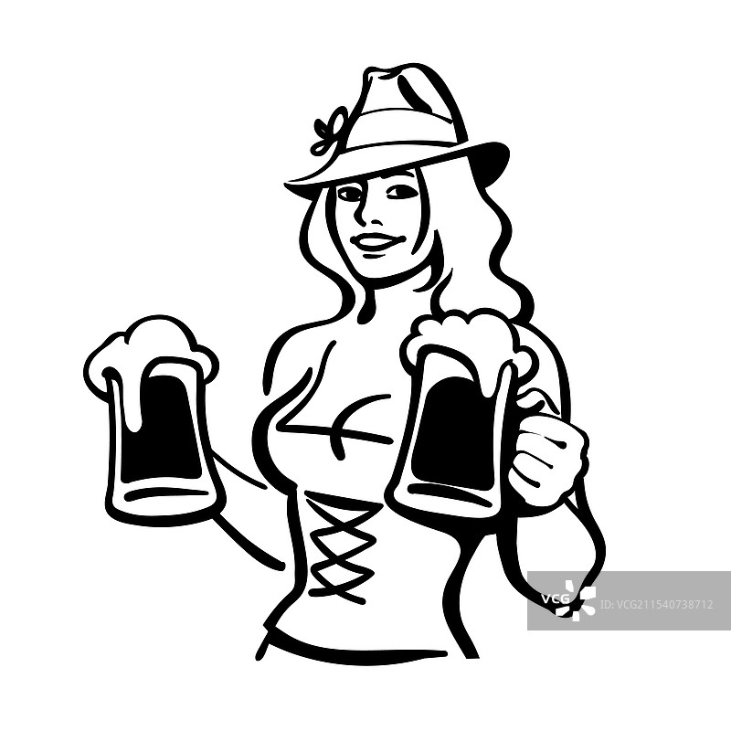 手绘美丽的巴伐利亚女孩手持两个啤酒杯图片素材