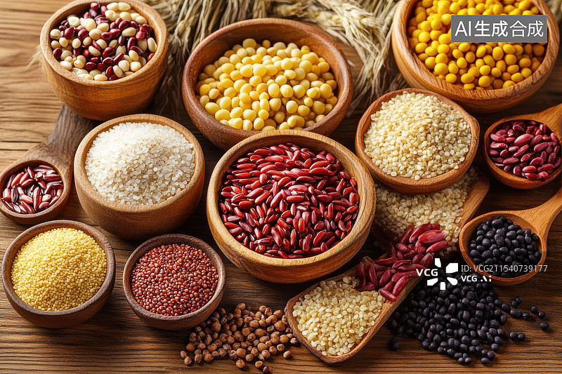 【AI数字艺术】木制格子容器里的五谷杂粮图片素材