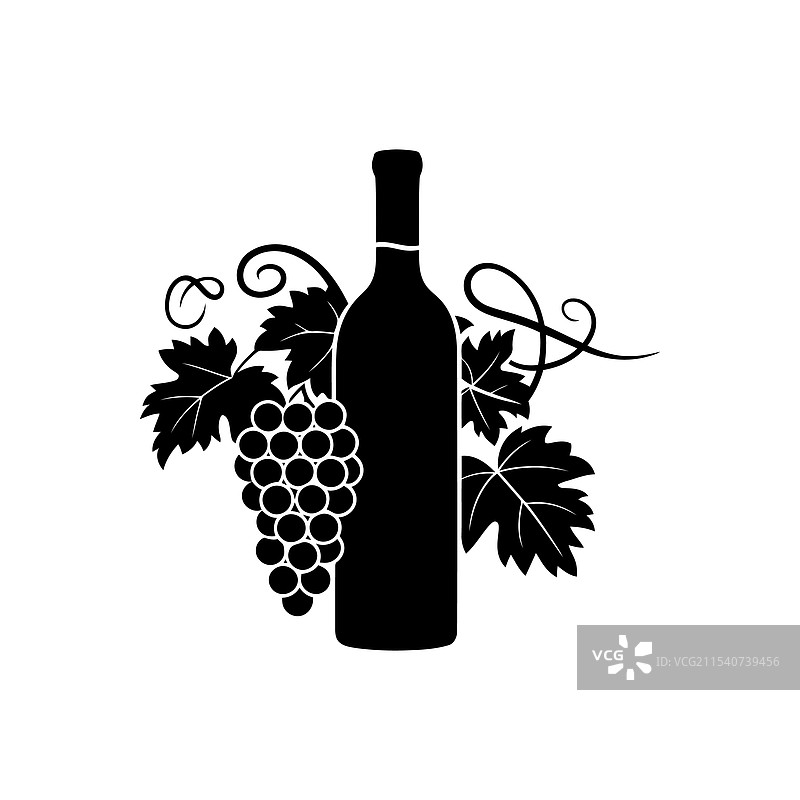 白色背景上的酒瓶和葡萄剪影图片素材