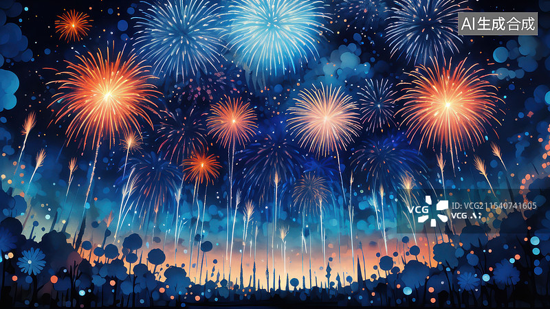 【AI数字艺术】夜空中绽放的烟花，绚丽多彩的烟火盛宴图片素材