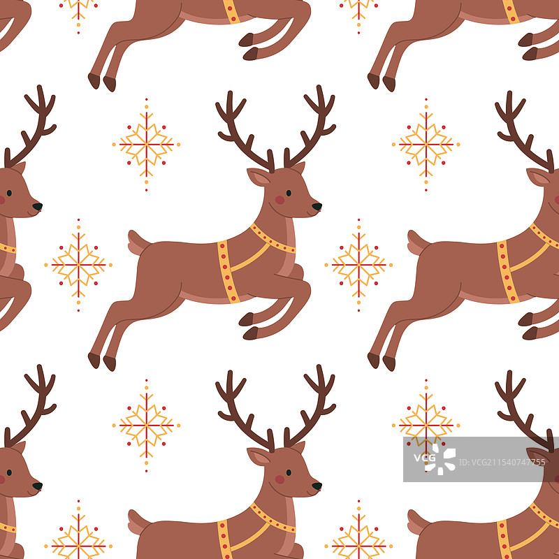 无缝图案，跳跃的驯鹿拉着马具图片素材