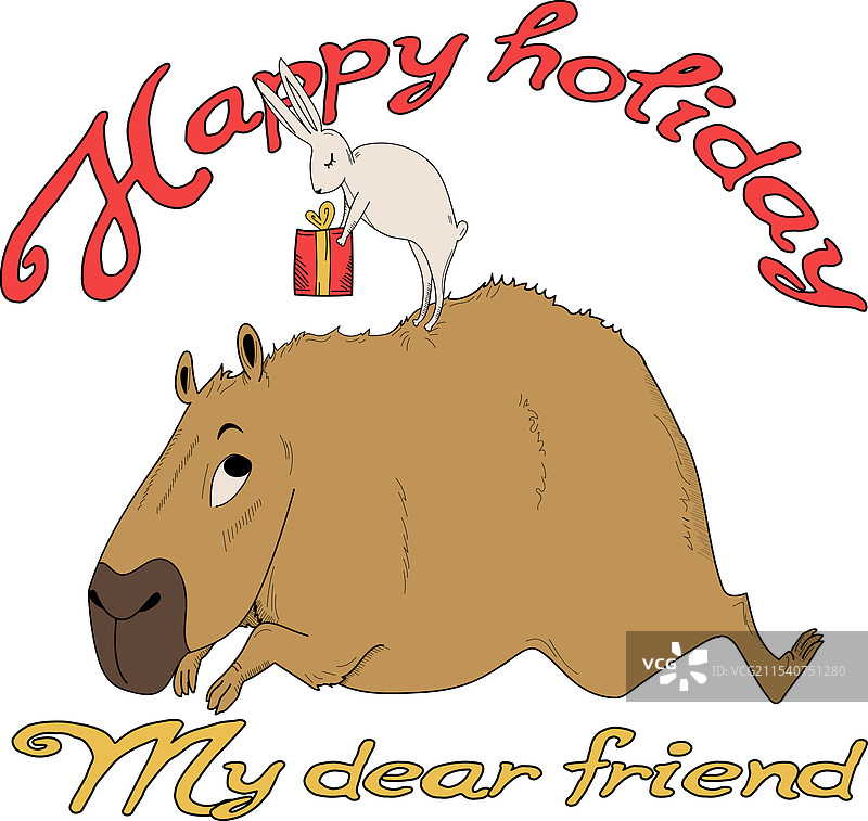 一只可爱的兔子给水豚送礼物图片素材