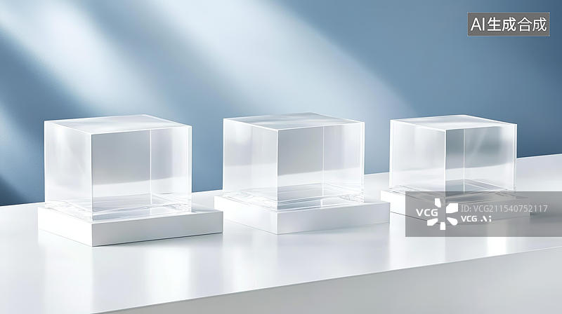 【AI数字艺术】透明立方体展示盒摆放在白色桌面上图片素材