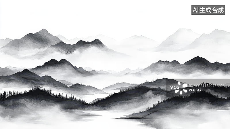【AI数字艺术】水墨山水画朦胧美景图片素材