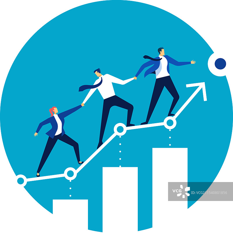 商业团队攀登一条上升的图表，提供帮助图片素材
