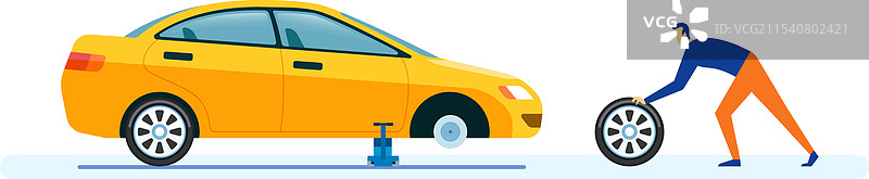 机械师在一辆升高的黄色汽车上更换轮胎图片素材