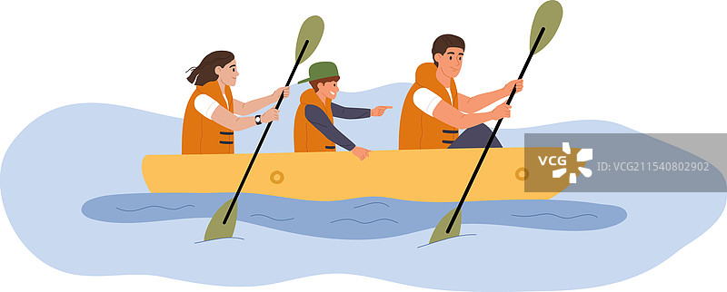 快乐的家庭穿着救生衣正在划船图片素材