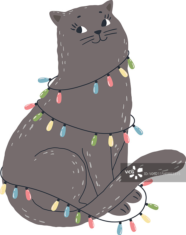 顽皮的灰色猫咪被五彩缤纷的圣诞装饰包裹着图片素材