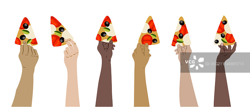 不同颜色的手握着平放的披萨片图片素材