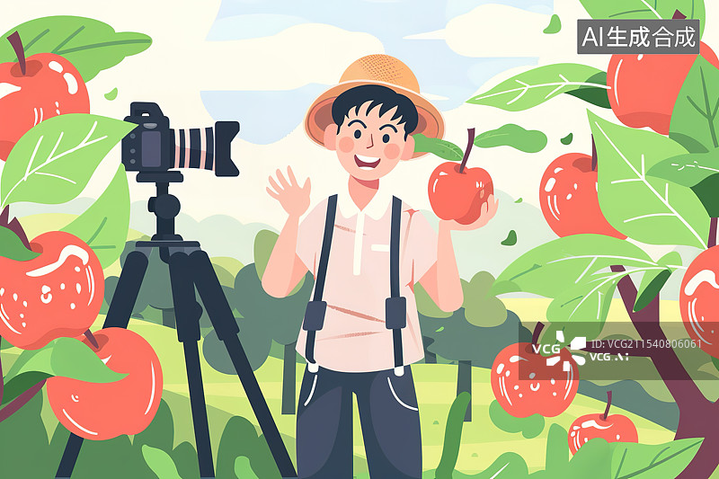 【AI数字艺术】一位年轻农民通过直播带货方式推销自家农产品插画——电子商务促进乡村振兴概念图片素材