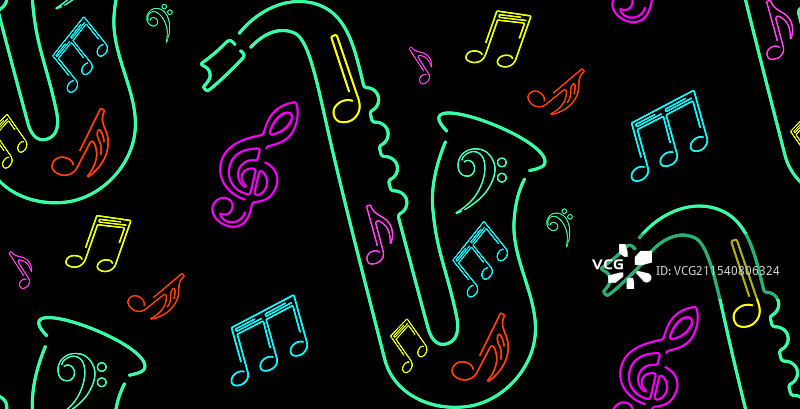 霓虹色萨克斯风与音乐音符的无缝图案图片素材