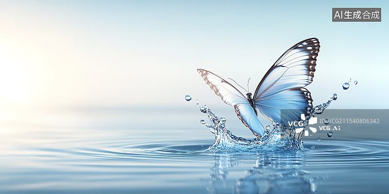【AI数字艺术】蓝色背景下水面上翩翩起舞的美丽蝴蝶图片素材