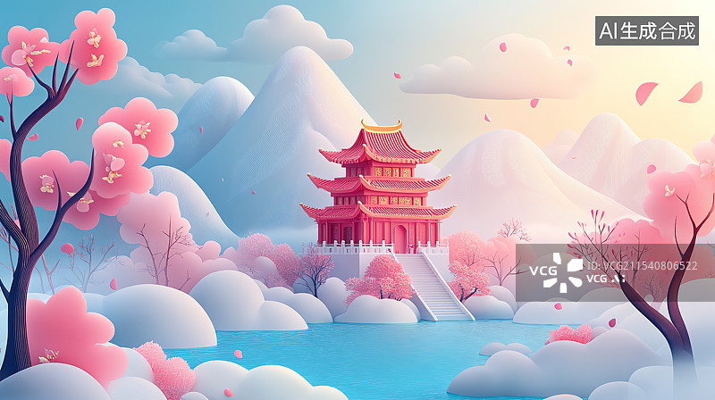 【AI数字艺术】国风剪纸风格中国古代山水建筑风景画图片素材
