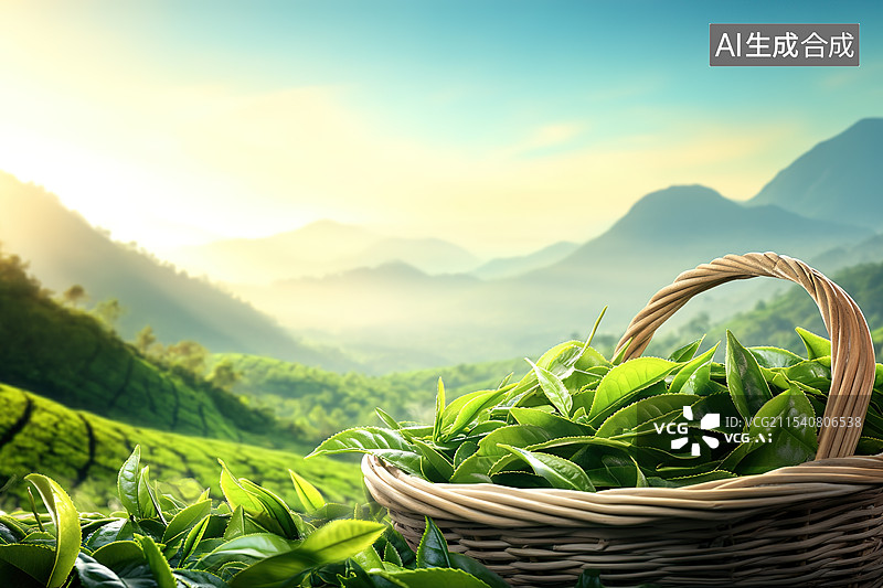 【AI数字艺术】茶园背景下的一篮子茶叶图片素材