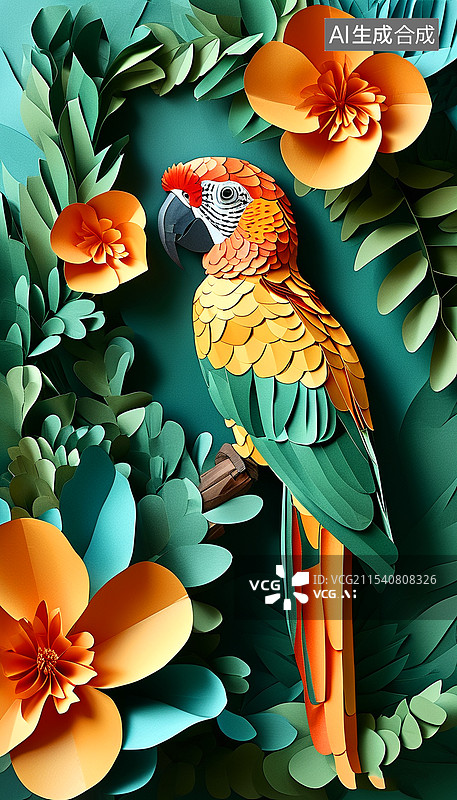 【AI数字艺术】鹦鹉纸雕装饰插画图片素材