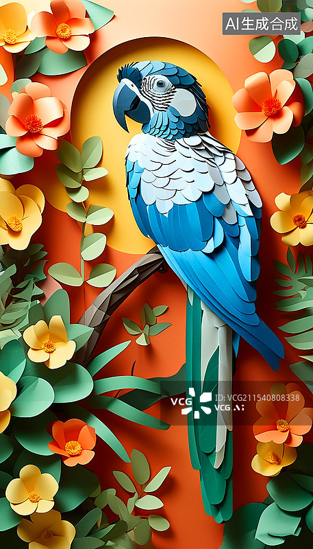 【AI数字艺术】鹦鹉纸雕装饰插画图片素材