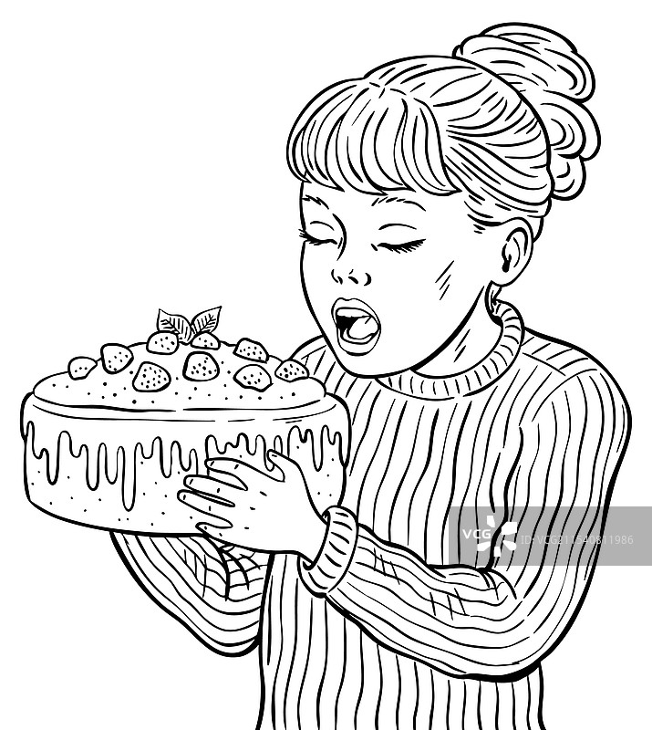 一个小女孩贪婪地吃着甜蛋糕图片素材