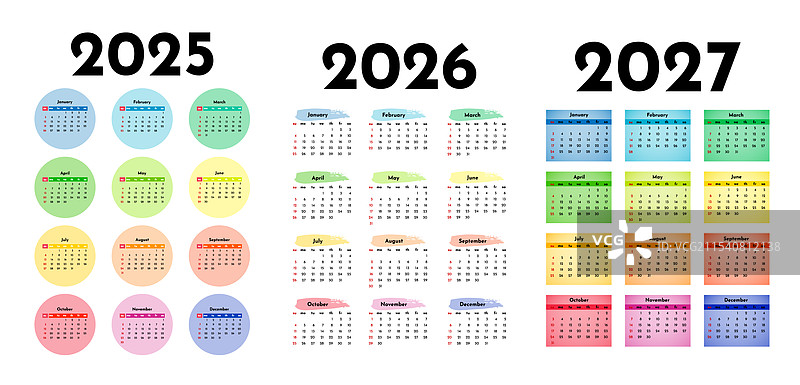 2025、2026和2027年的日历套装图片素材
