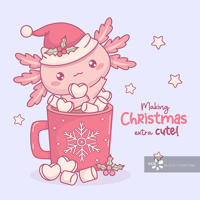 圣诞节的美人鱼在杯子里喝热可可，配有棉花糖图片素材