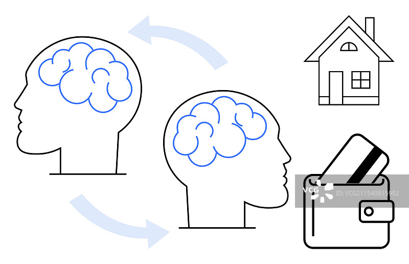 两个头部与大脑轮廓和圆形箭头图片素材