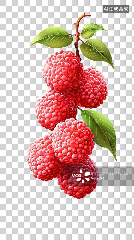 【AI数字艺术】一串带叶子的新鲜荔枝图片素材