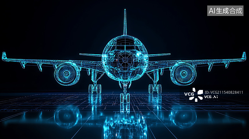 【AI数字艺术】三维线条全息图飞机客机图片素材