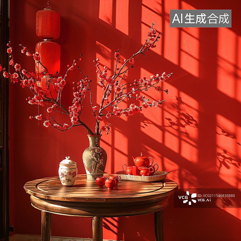 【AI数字艺术】花瓶、花、光影、木桌、中式空间、C4D图片素材