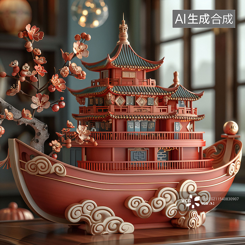 【AI数字艺术】船、建筑、国风、花、工艺品、中式空间、C4D图片素材
