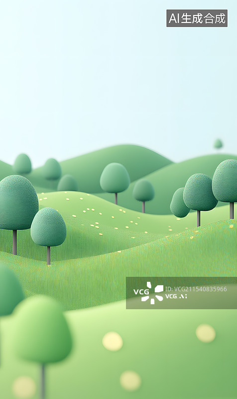 【AI数字艺术】3DC4D极简风格树木草原天空云卡通插画背景春天夏天图片素材