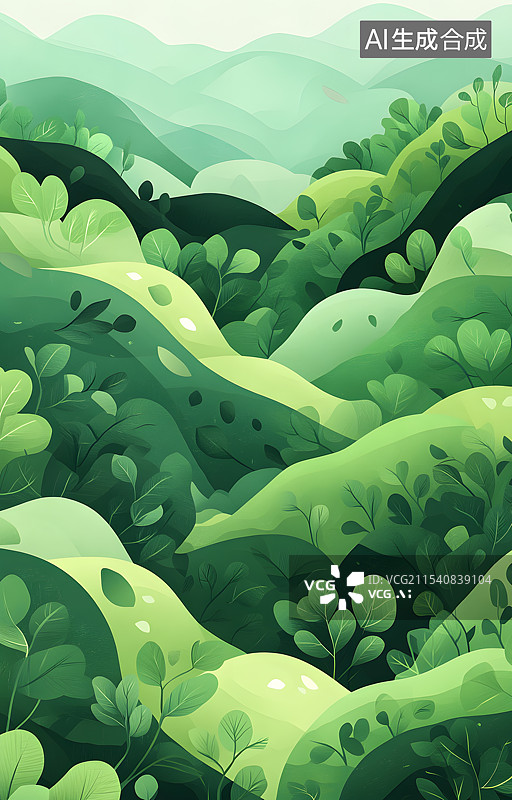 【AI数字艺术】扁平极简风格绿色清新被植物覆盖的山地森林，夏天立夏夏至大暑小暑壁纸背景图片素材