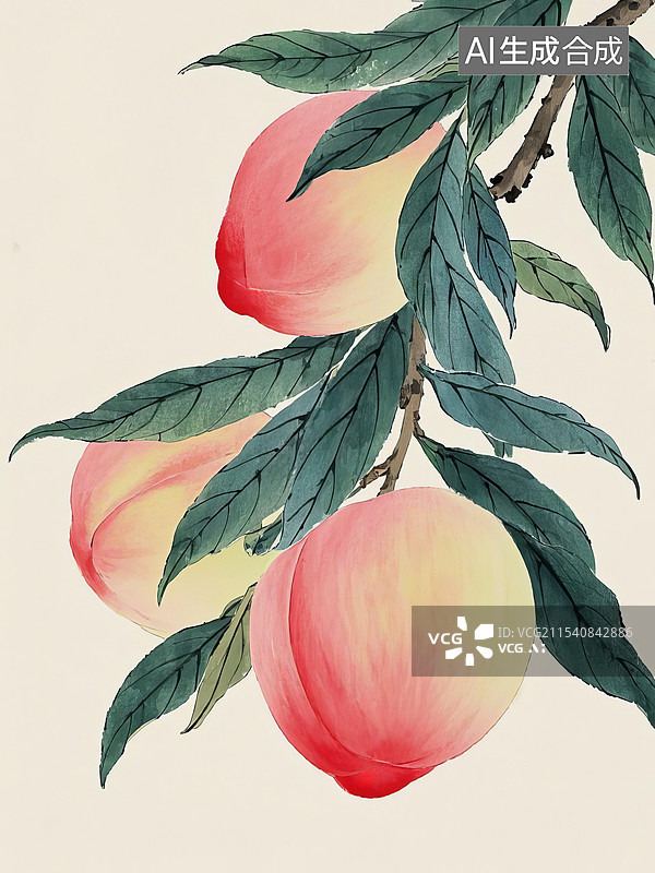【AI数字艺术】中国传统宋画水墨画工笔画国画，成熟的桃子图片素材