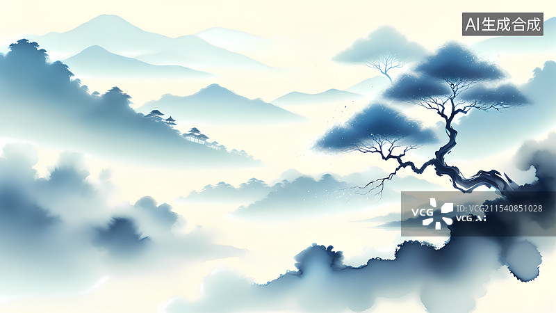 【AI数字艺术】山水水墨风景插画图片素材