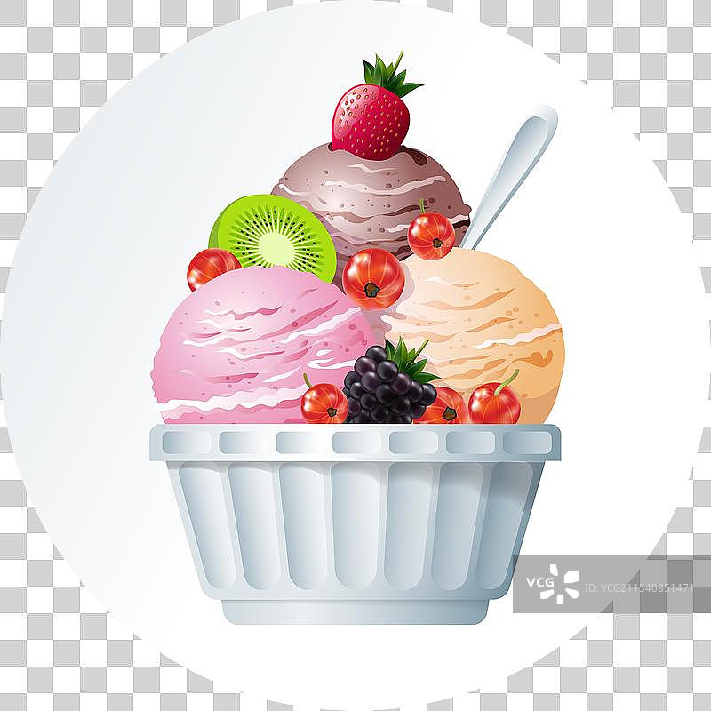 三球冰淇淋，白色碗，水果和浆果图片素材