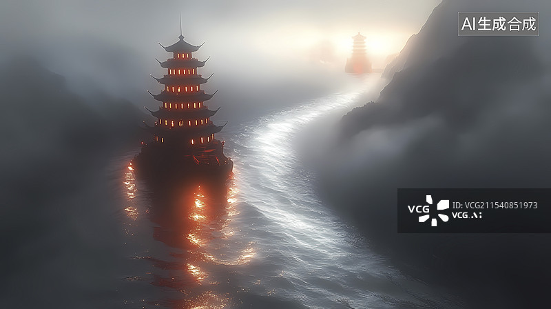 【AI数字艺术】传统中国黑白流动河流和古塔插画海报背景图片素材