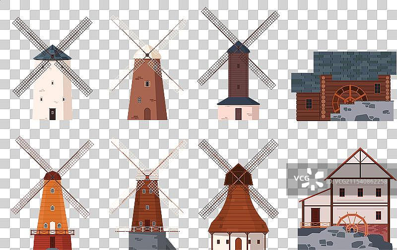 传统的欧洲风车和河流磨坊图片素材