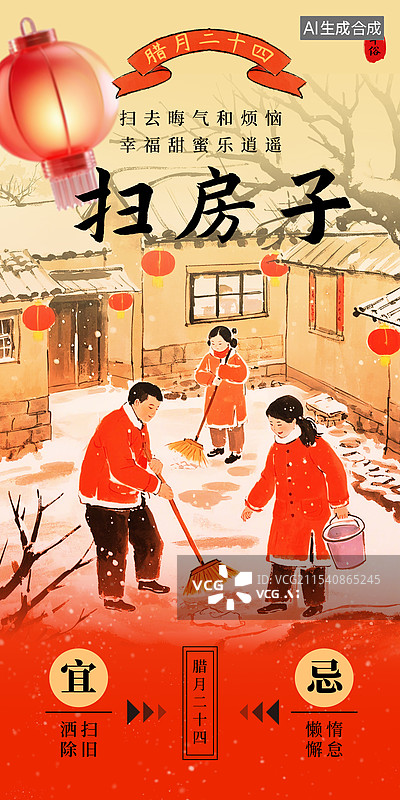 【AI数字艺术】年俗-二十四扫房子插画风格海报模板图片素材