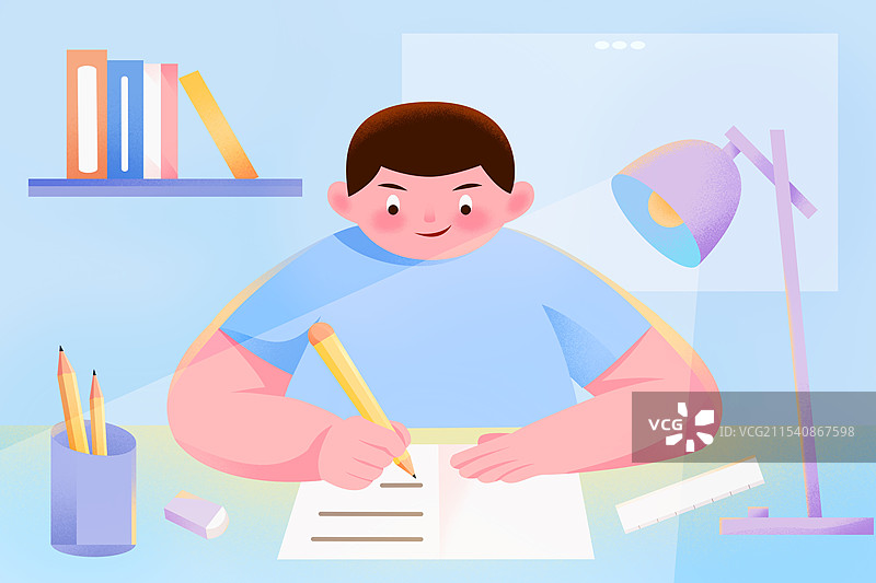 扁平风在书房开台灯写作业的男孩插画图片素材