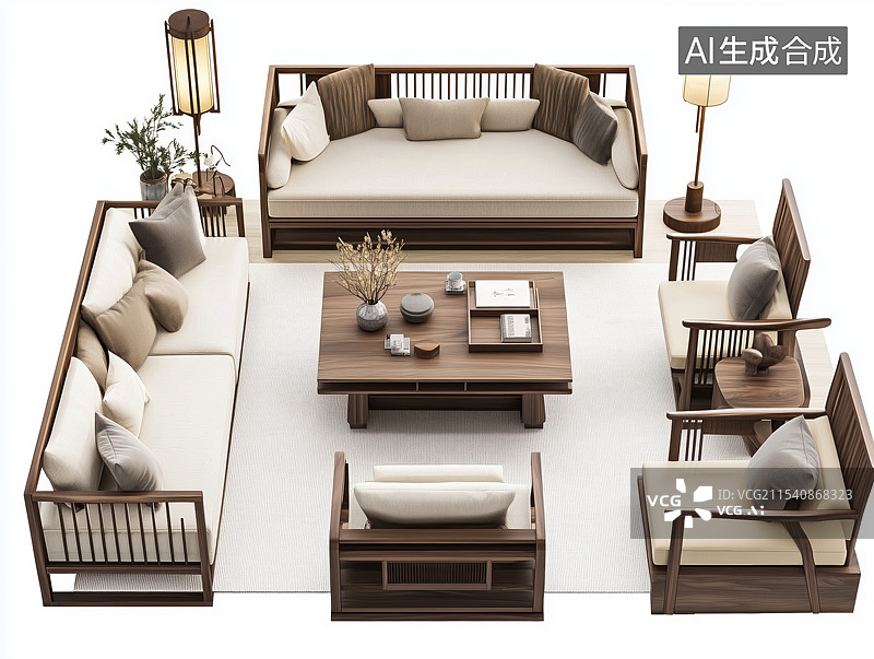 【AI数字艺术】现代简约新中式风格客厅实木家具图片素材