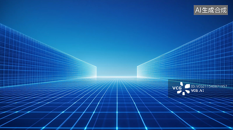 【AI数字艺术】蓝色全息网格线条平台道路图片素材
