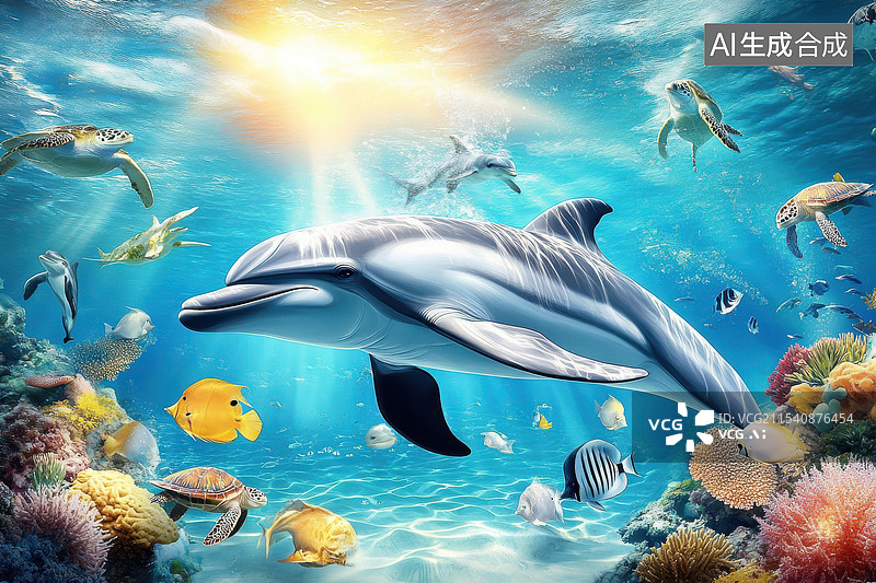 【AI数字艺术】大海中海底世界的海豚动物图片素材