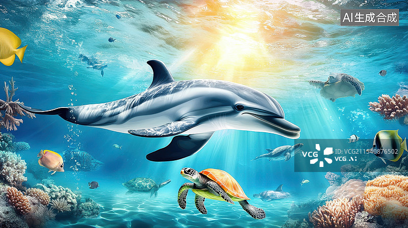 【AI数字艺术】大海中海底世界的海豚动物图片素材