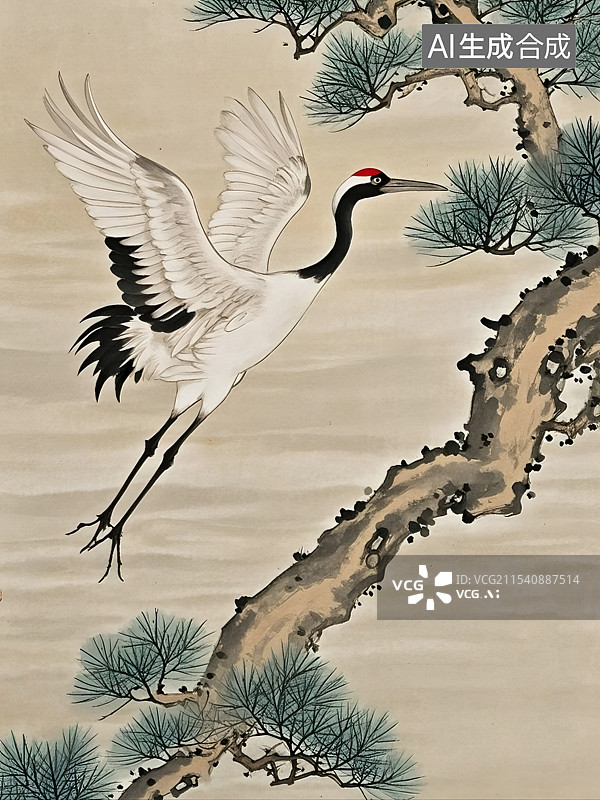 【AI数字艺术】国画松与鹤图片素材