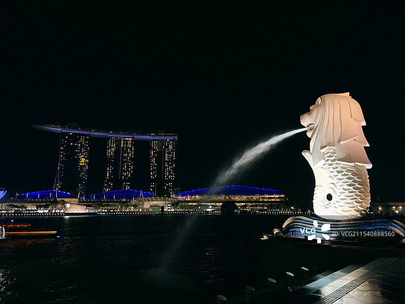 新加坡滨海湾鱼尾狮公园夜景图片素材