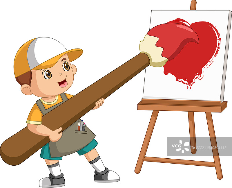 可爱的男孩用大刷子在画布上绘画爱心图片素材