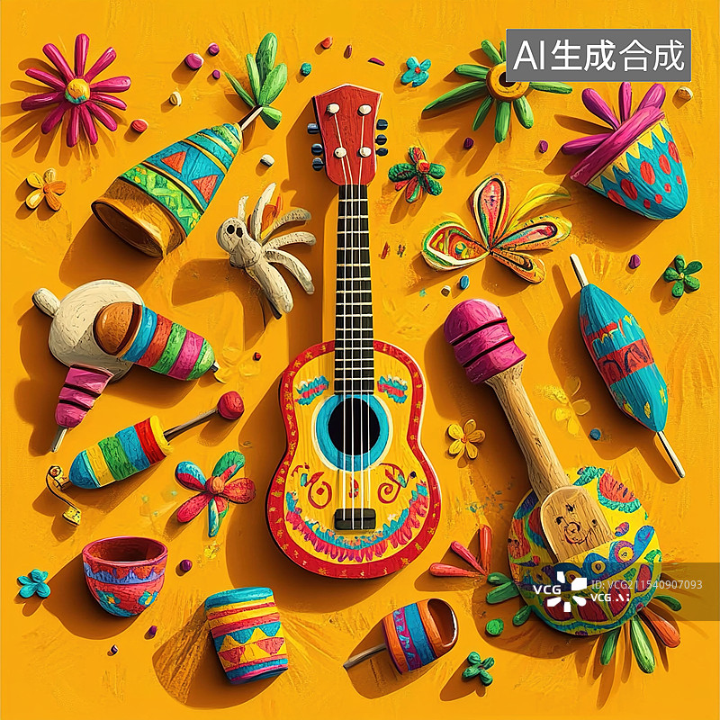 【AI数字艺术】彩绘尤克里里与彩蛋的奇妙组合图片素材