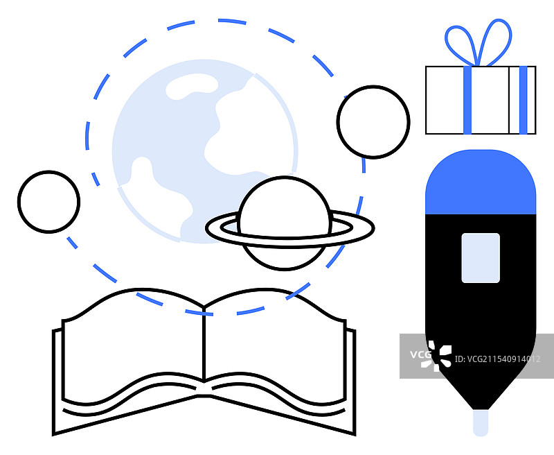 打开的书籍旁边有一个行星礼品盒和一支笔图片素材