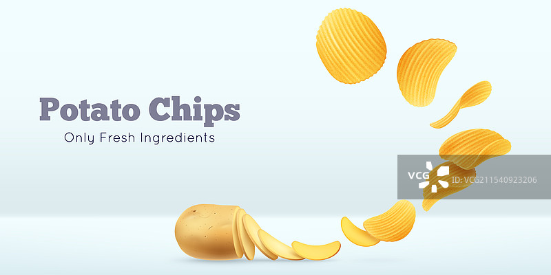 波浪薯片飞舞，土豆零食在涟漪中旋转图片素材
