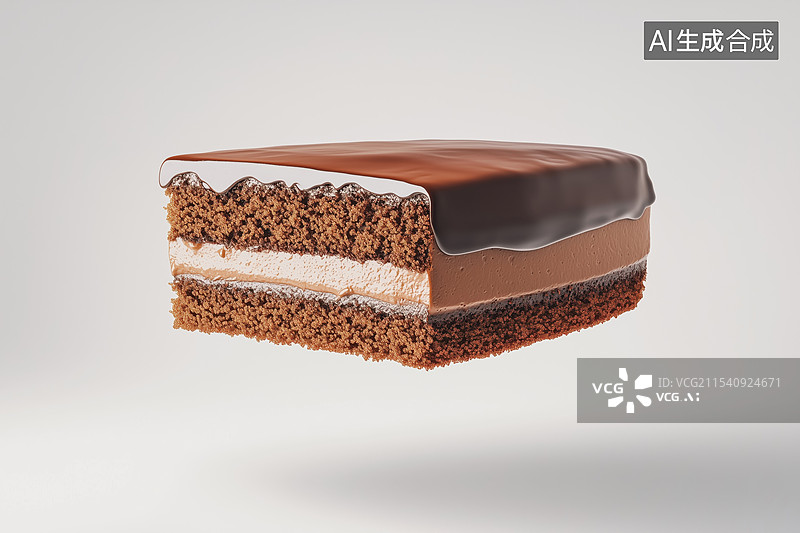 【AI数字艺术】白底空中悬浮的奶油巧克力蛋糕块3D卡通立体插画图片素材