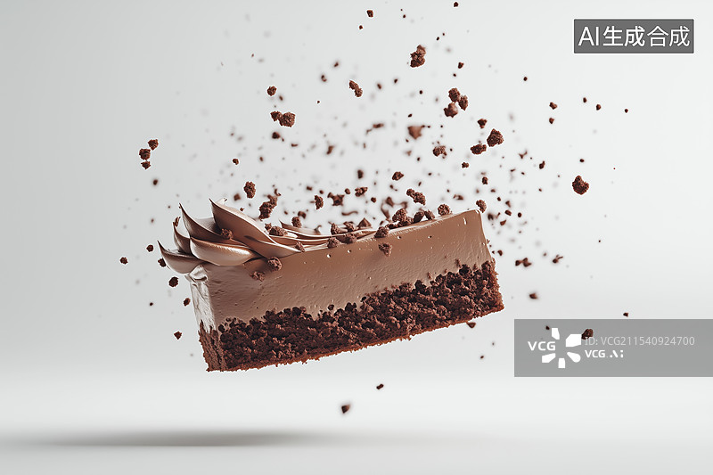 【AI数字艺术】白底空中悬浮的奶油巧克力蛋糕块3D卡通立体插画图片素材